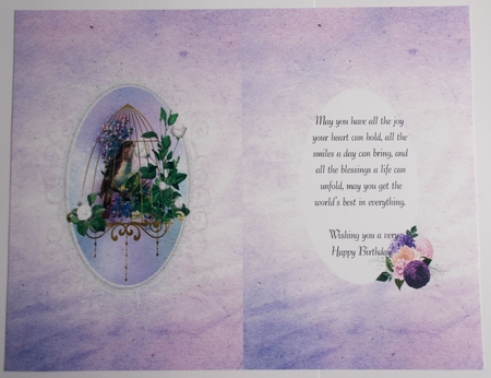 A5 Card Insert Birdcage on Lilac Background, Blank by Sharon Wilson