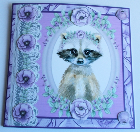 Lilac floral raccoon card front by Sharon Wilson