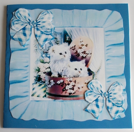 Cute kittens in blue frill frame with gingham bows 7x7 by Sharon Wilson