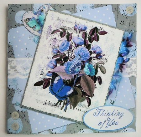 6 x 6 Floral Card Front Blue/Lilac Butterfly Bouquet with Toppers and Sentiments by Sharon Wilson