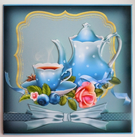3 Blue floral tea set card front/toppers by Sharon Wilson