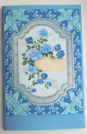Blue butterfly and roses note card front by Sharon Wilson