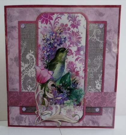 5 x 5 Quick Cut & Fold Card Floral Bird with Sentiment Tags Pink/Taupe/Green by Sharon Wilson
