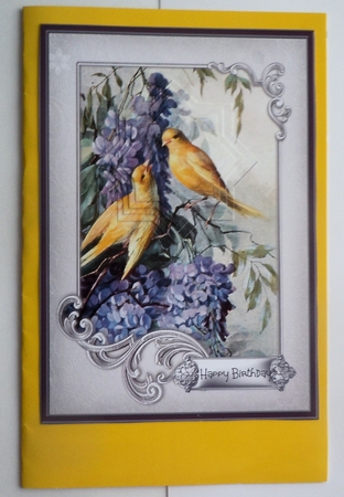 Yellow birds and lilac A5 by Sharon Wilson
