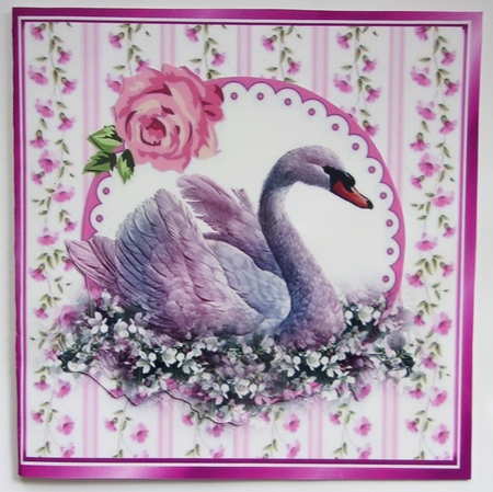 Pretty pink flower borders and lace with swan 8x8 card front by Sharon Wilson