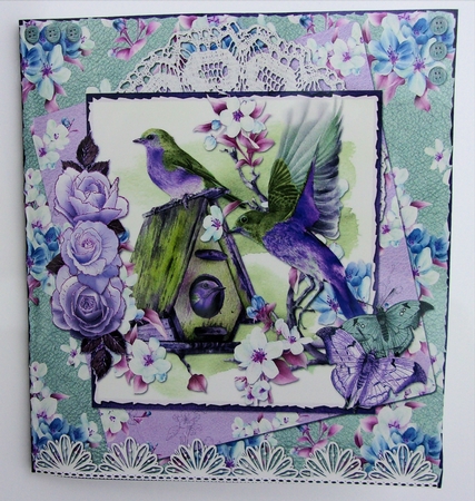 Spring Birdsong 15 5 x 5 Quick Cut & Fold Card with Sentiments, Blue/Lilac/Green by Sharon Wilson