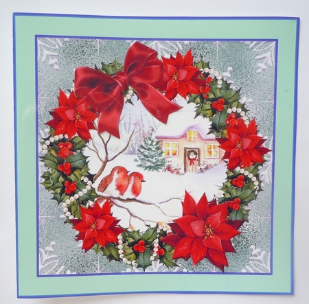 8 x 8 Christmas Wreath 2 Robins decoupage card by Sharon Wilson