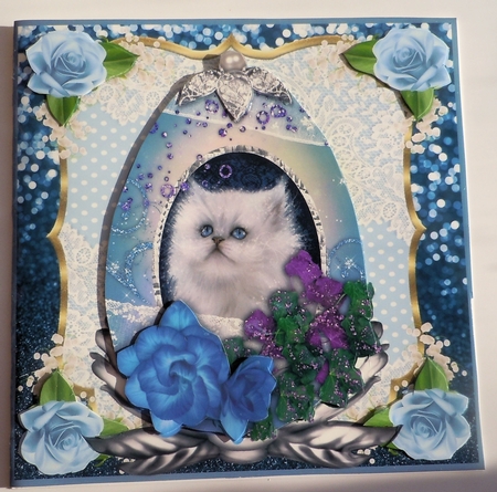 3 Blue cat in floral egg card front/toppers 1 by Sharon Wilson