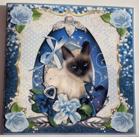 3 Blue cat in floral egg card front/toppers 2 by Sharon Wilson