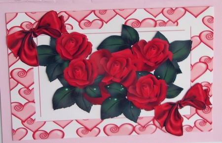 Beautiful red roses and bows card front by Sharon Wilson