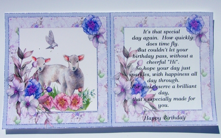 Spring Garden 14: Spring Lambs/Floral 6 x 6 Blank Card Insert with Lilac Floral Background by Sharon Wilson