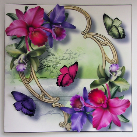 Blooms & Butterflies On Golden Frame - Tropical Orchids 8x8 by Sharon Wilson