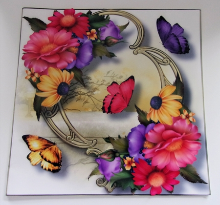 Blooms & Butterflies On Golden Frame - Summer Blooms 8x8 by Sharon Wilson