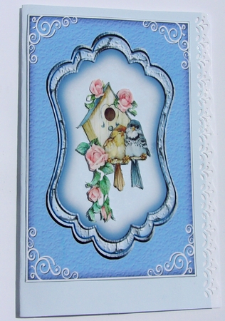 Bird House and Roses - 7x5 inch card front with decoupage by Sharon Wilson