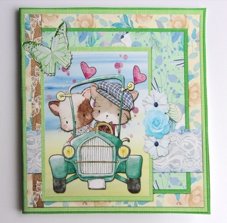 Cute Kittens 6: Couple in Car 5 x 5 Quick Cut & Fold Card with Sentiments by Sharon Wilson