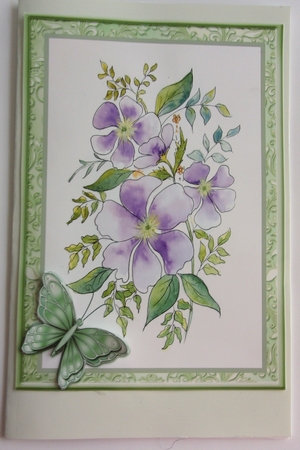 Purple Flowers and Butterflies.  watercolour card topper with butterflies decoupage by Sharon Wilson