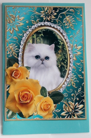 Yellow Roses - White Kitty Cat - Jade Card Front by Sharon Wilson