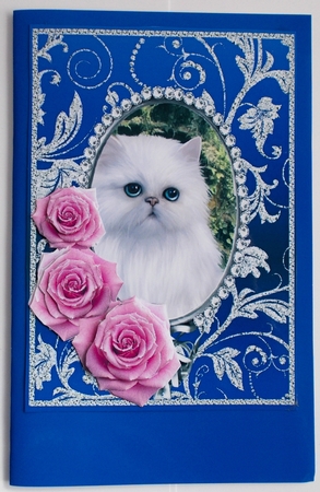 Pink Roses - White Kitty Cat - Silver Blue Card Front by Sharon Wilson
