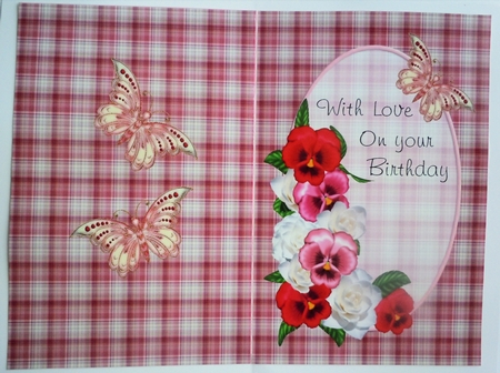 Pink Pansy and Butterfly Birthday Insert by Sharon Wilson