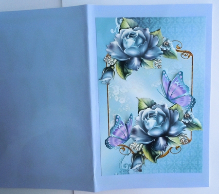 Blue Roses with Pink Butterfly in Ornate Frame by Sharon Wilson