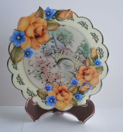 Plate and Stand Lovely Cottage by the Stream  by Sharon Wilson