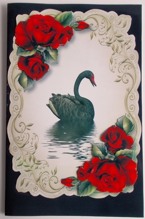 Black Swan & Red Roses, Shaped Topper by Sharon Wilson