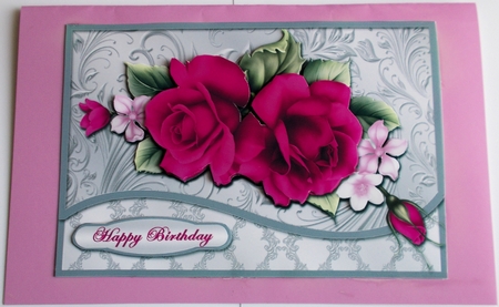 Red Roses On Silver Waved Border Card Front by Sharon Wilson