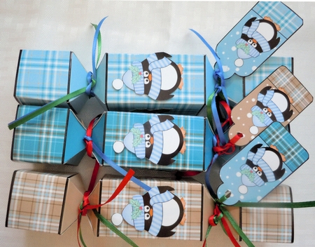 3D Christmas Cracker Boxes Tartan Penguin Pip by Sharon Wilson