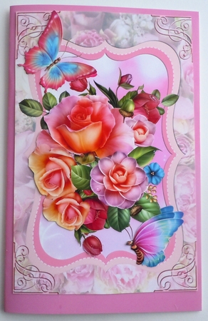 Roses and Butterflies on a Pink Floral Background by Sharon Wilson