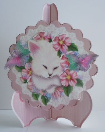 cute kitten with flowers on lace plate with stand & bow by Sharon Wilson
