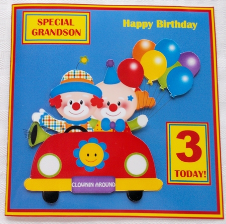 Clowns driving birthday card with relatives and ages by Sharon Wilson