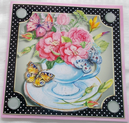 Teacups Flowers & Butterflies Card Front 1 by Sharon Wilson