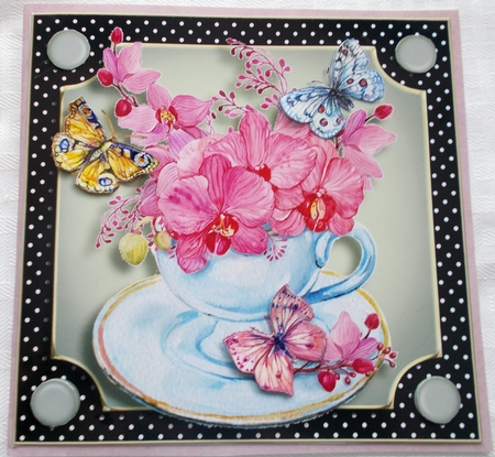 Teacups Flowers & Butterflies Card Front 3 by Sharon Wilson