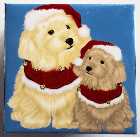 CHRISTMAS GIFT BOX WITH DOGS IN HATS by Sharon Wilson