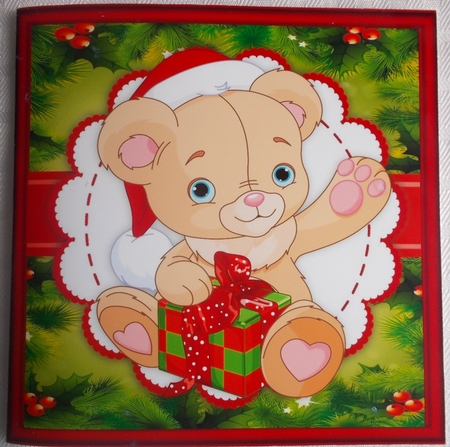 Gorgeous Christmas Bear In Santa Hat With Present 8x8 by Sharon Wilson