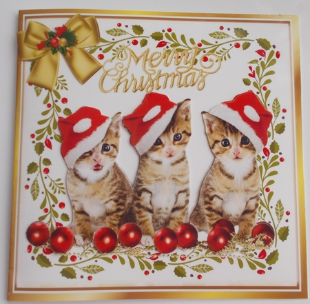 Three cute kitties in santa hats with bow 8x8 by Sharon Wilson