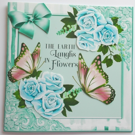 Pretty corner turq roses roses with butterflies in decorative frame 8x8 by Sharon Wilson
