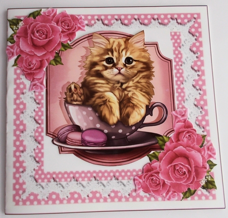Lovely pink/white polkadot with lace & bows 7x7 card front/insert by Sharon Wilson