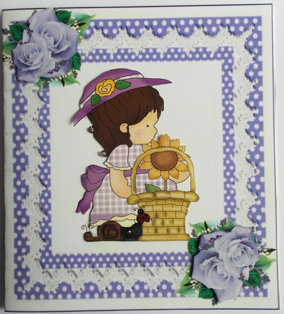 Lovely purple/white polkadot with lace & bows 7x7 card front/insert by Sharon Wilson