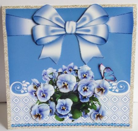 Pansies & blue bow square card by Sharon Wilson