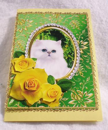 Yellow Roses - White Kitty Cat - Green Card Front by Sharon Wilson