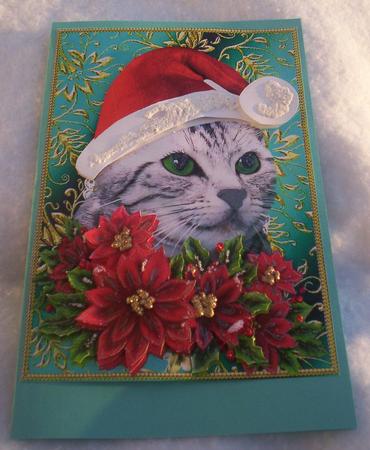 Santa Tabby Kitty Cat and Poinsettia Flowers 4 by Sharon Wilson