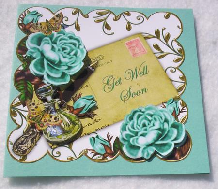 Teal Roses Get Well Soon 8in Scallop Decoupage Topper by Sharon Wilson