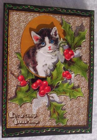 Vintage Christmas Cat Card Front and Decoupage by Sharon Wilson