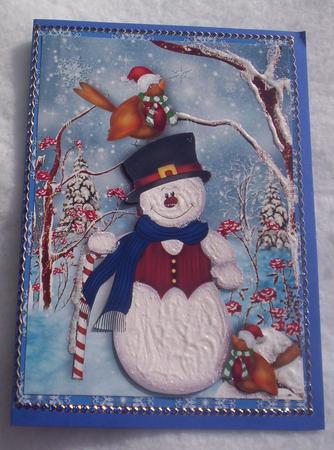 Snowman with Robins in the Snow A4 by Sharon Wilson