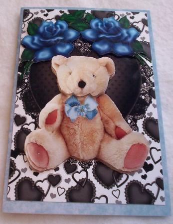 Black Lace Heart with Teddy and Blue Roses by Sharon Wilson