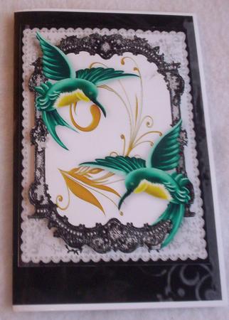 Beautiful Jade Humming Birds in Lace Frame, Butterflies A4 by Sharon Wilson