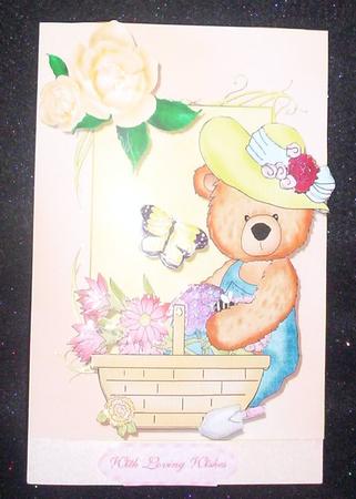 Cute Gardening Bear with Peach Rose by Sharon Wilson