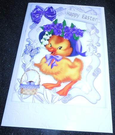 Easter Duckling with Purple Flower Bonnet and Eggs A4 by Sharon Wilson