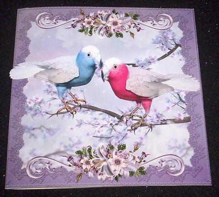 Pretty Blue and Pink Lovebirds on Lilac Background by Sharon Wilson
